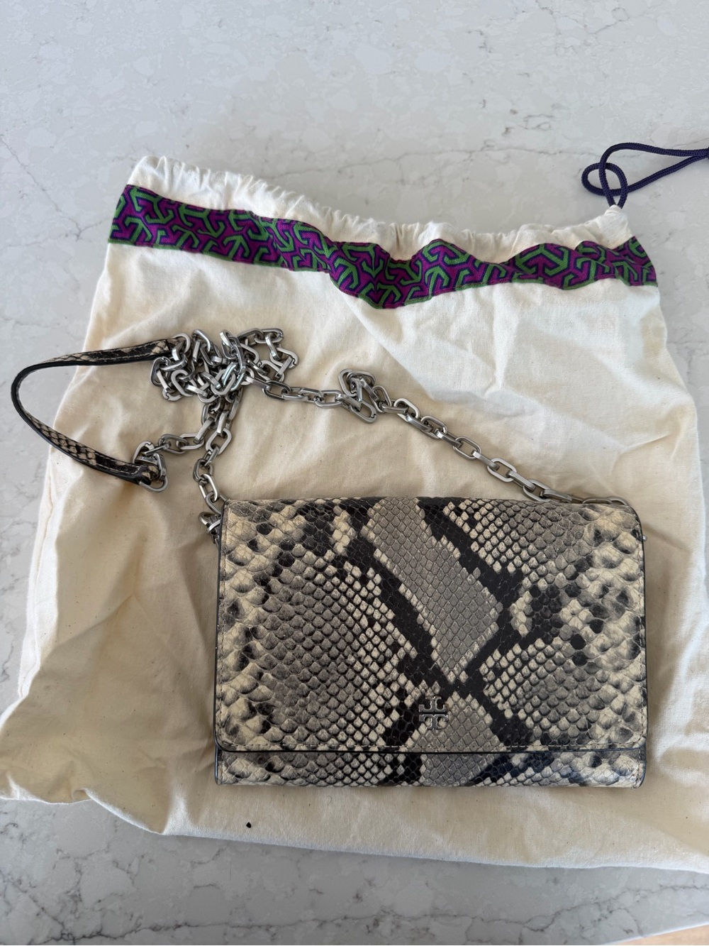 Tory Burch Neutral Snake-Print Leather Crossbody with Silver Chain
